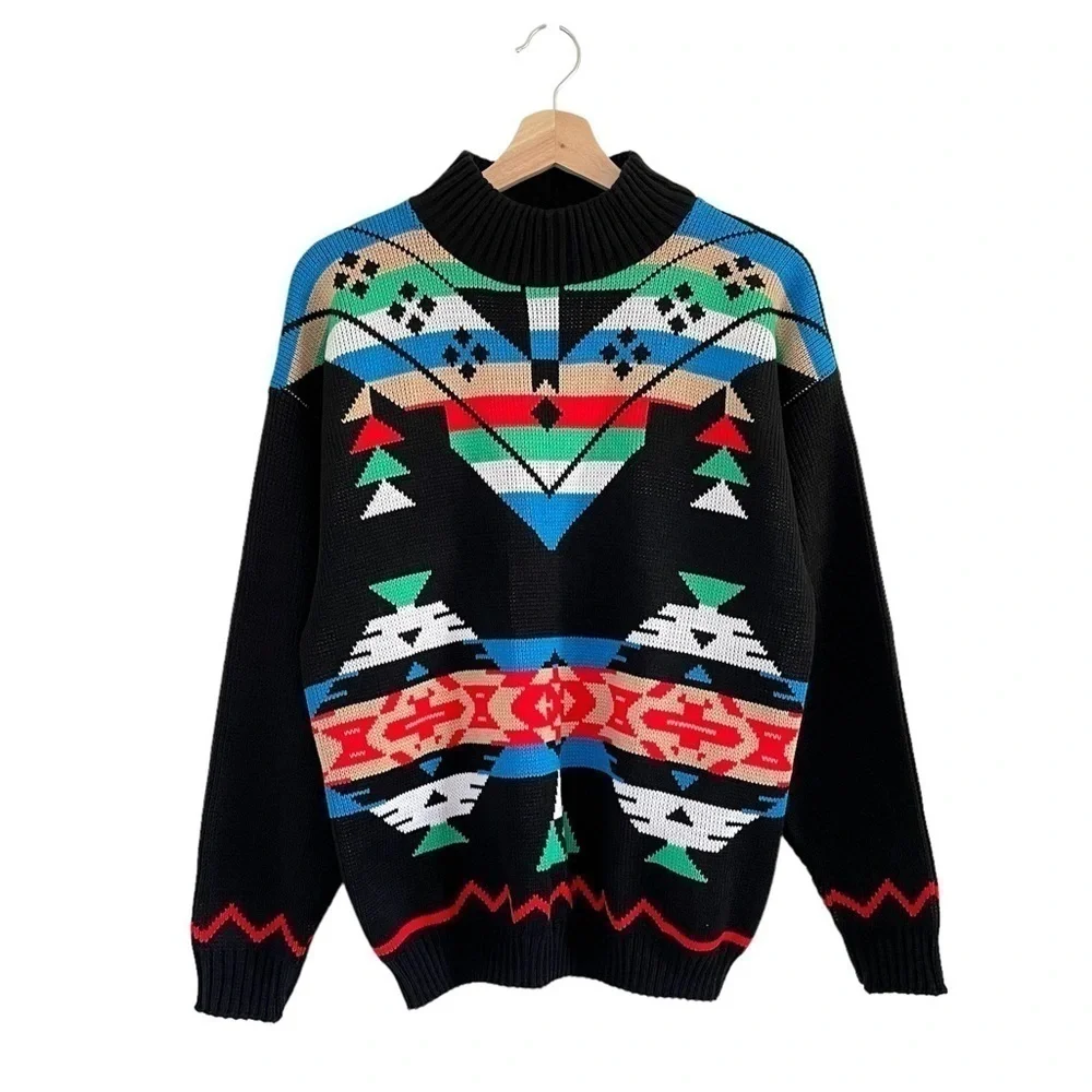 Vintage 90s Mock Neck Patterned Knit Pullover Sweater Black Multicolor Medium